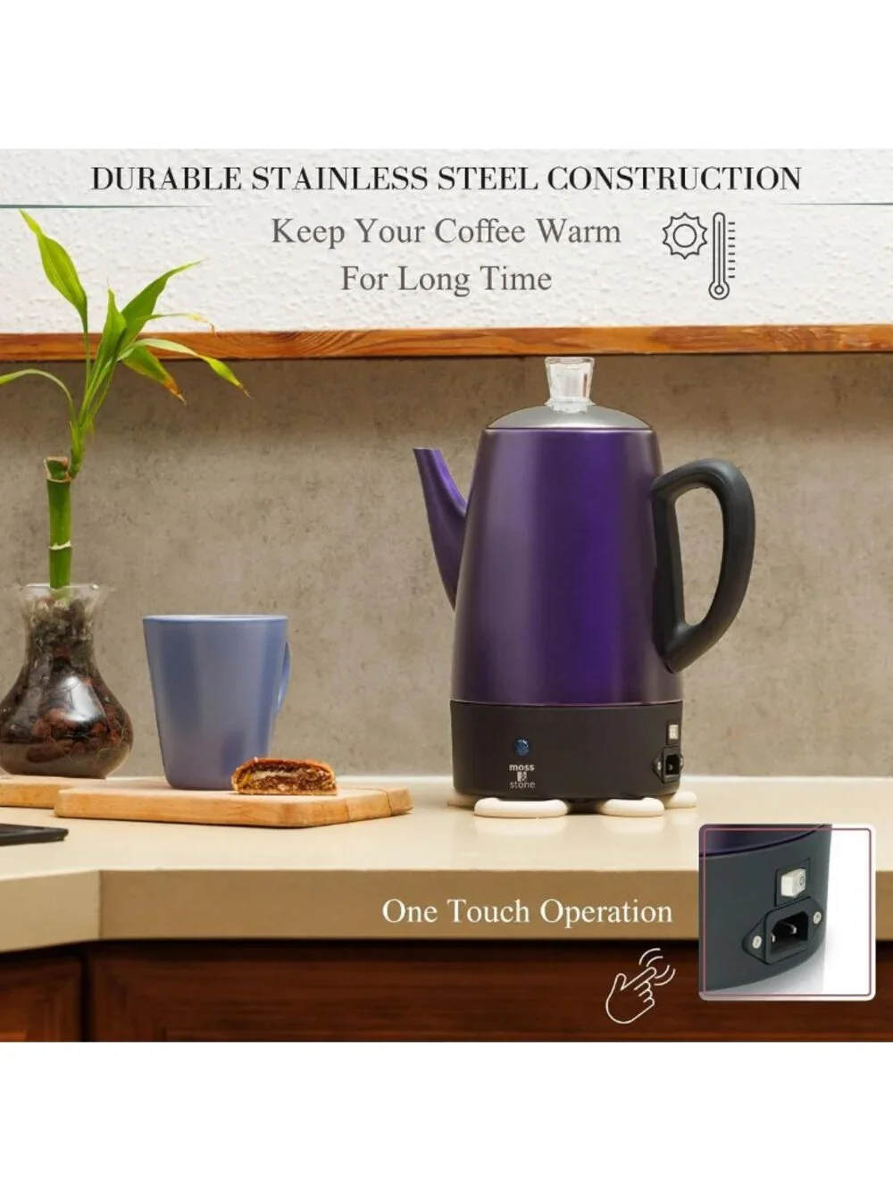 10-Cup Purple Electric Percolator Coffee Pot - Stainless Steel, Fast Brewing